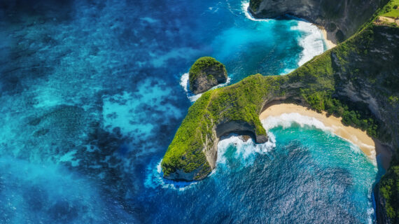 Panoramic aerial view at the sea and rocks. Blue water background from top view. Kelingking beach, Nusa Penida, Bali, Indonesia. Travel - image